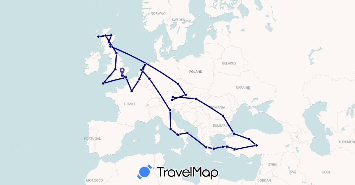 TravelMap itinerary: driving in Austria, Belgium, Czech Republic, Germany, France, United Kingdom, Greece, Hungary, Italy, Netherlands, Romania, Turkey (Asia, Europe)